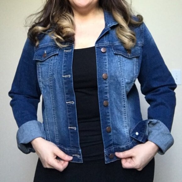 Jessica Simpson Pixie Denim Jean Jacket Women's Size 2X Dark Blue Wash Stretch - Picture 1 of 13